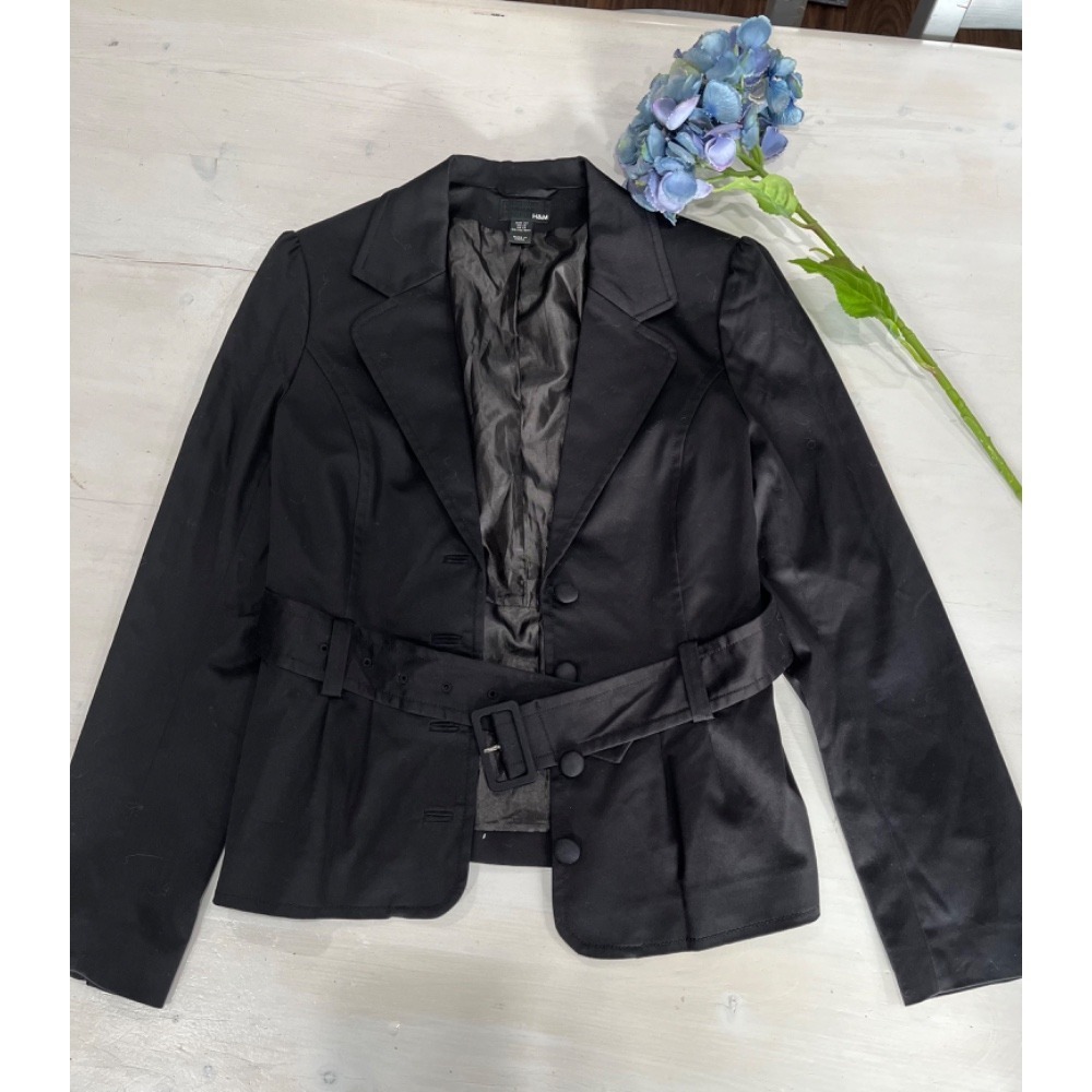 H&M Belted Blazer Jacket Fitted Business Career Interview Black Size‎ 12
